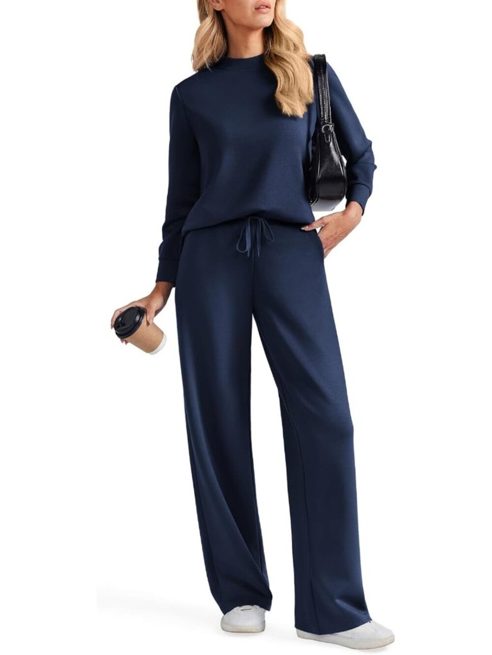 Chic 2-Piece Women's Sweatsuit Set - Wide Leg Pants & Mock Neck Top, Trendy 2026